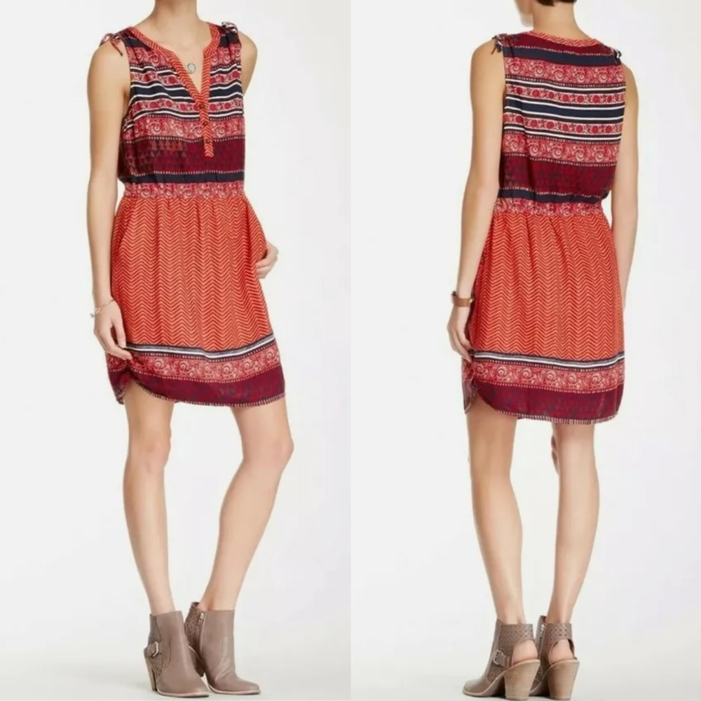 Lucky Brand Red Navy Multi Boho Border Mixed Print Tie Shoulder Mini Dress